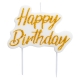 Tortes svece “Happy Birthday”, balta ar zelta burtiem, 8 x 6 cm.