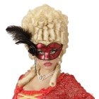 Venēcijas acu maska sarkanā krāsā ar rozēm, krellēm un spalvām