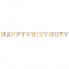 Burtu baneris Happy Birthday zelta un sudraba krāsās, 240 cm