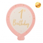 Šķīvji gaisa balona  formā 1. Dzimšanas Diena, rozā ar zeltu, 8 gab., 20x24 cm