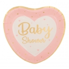 Šķīvji sirds formā BABY SHOWER rozā un zelta toņos, 8 gab., 23x21 cm