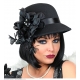20-to gadu stila cepure, melna, ar ziedu