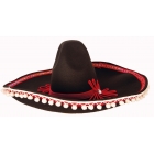 Melna krāsas Sombrero cepure, rotāta ar spilgtu sarkanu apmali un mini-pomponiem.