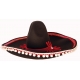 Melna krāsas Sombrero cepure, rotāta ar spilgtu sarkanu apmali un mini-pomponiem. 
