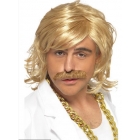 Komplekts Blondīna parūka un ūsas, retro varoņa stilā no 70.–80. gadiem.