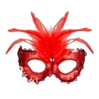 Sarkanā “Baronese” acu maska ar akmentiņu, pērlītēm, fliteru apmali un spalvām