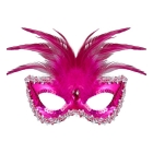 Rozā “Baronese” acu maska ar akmentiņu, pērlītēm, fliteru apmali un spalvām