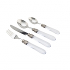 Metāla vintage galda piederumi ar caurspīdīgu rokturi, komplekts no 4 priekšmetiem.