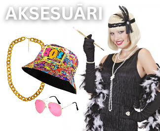 Karnevāla aksesuāri maskas, parūkas, cepures, sējas un matu krāsas, bārdas un ūsas, spārni, boa un spalvas, cimdi un brilles