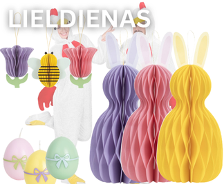 Lieldienu dekori un svētku piederumi: sveces olu un zaķu formā, vienreizlietojamie trauki, dekoratīvās olas, papīra ziedi, šūnu bumbas, zaķu un cālīšu kostīmi.