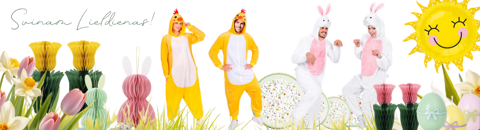 Lieldienu dekori un svētku piederumi: sveces olu un zaķu formā, vienreizlietojamie trauki, dekoratīvās olas, papīra ziedi, šūnu bumbas, zaķu un cālīšu kostīmi