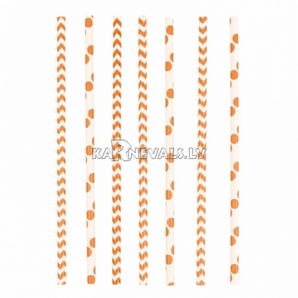 Kokteiļa papīra salmiņi, oranžas, ar punktiņu un līkloču | zigzag rakstu, 20cm,24 gab.