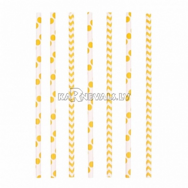 Kokteiļa papīra salmiņi, dzeltenas, ar punktiņu un līkloču | zigzag rakstu, 20cm,24 gab.