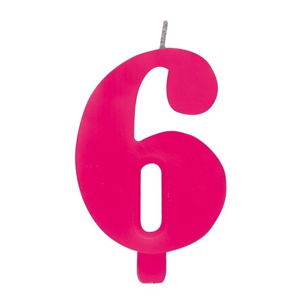 Цифра "6" - сверкающая свеча для торта,  фуксия, 9.5 см