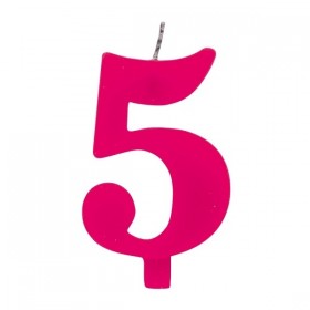 Цифра "5" - сверкающая свеча для торта,  фуксия, 9.5 см