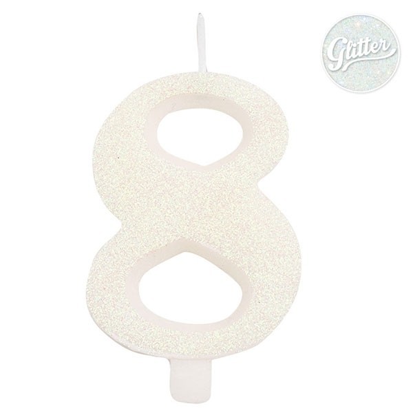 Цифра "8" - свеча для торта,  белая с блеском, 9.5 см