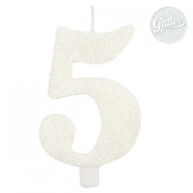 Tortes svece skaitlis "5", balta, spīdīga,  9.5 cm 