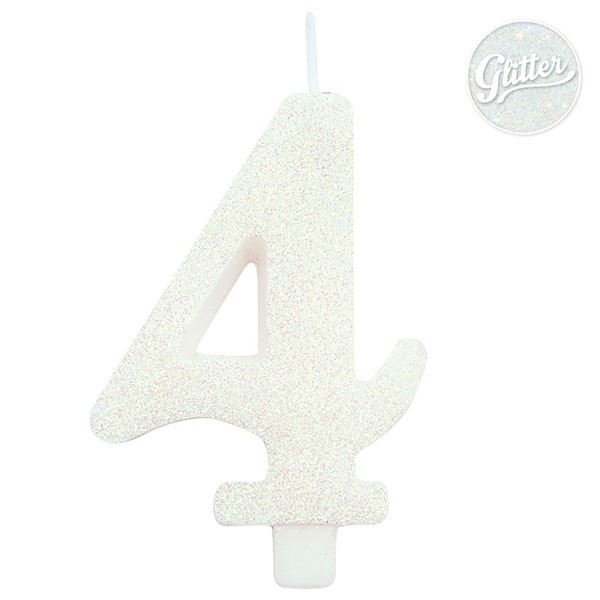 Цифра "4" - свеча для торта,  белая с блеском, 9.5 см