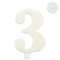 Цифра "3" - свеча для торта,  белая с блеском, 9.5 см