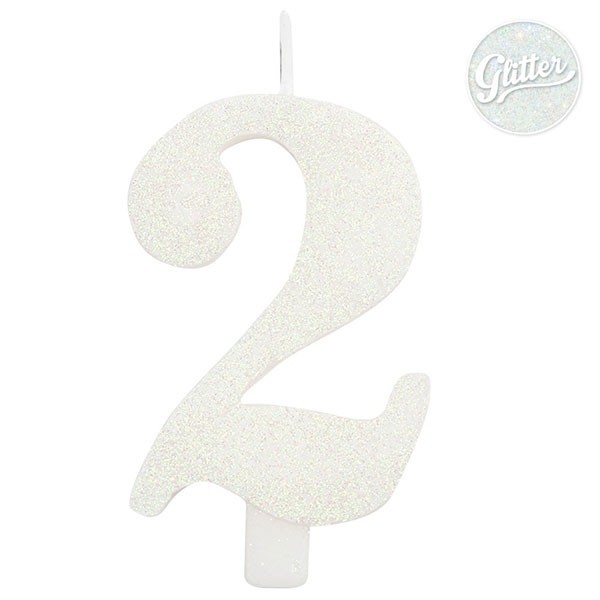 Цифра "2" - свеча для торта,  белая с блеском, 9.5 см