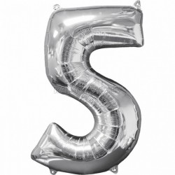 45cm x 66cm Skaitlis 5 Folija balons Super figure Sudrabs