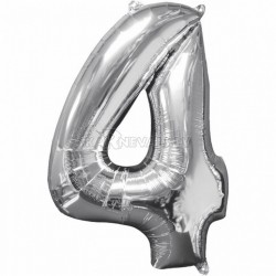 45cm x 66cm Skaitlis 4 Folija balons Super figure Sudrabs