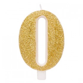 Svece tortei vai kūkai "0" ciparu formā, zelta, sprakstoša, komlektā ar svečturi, augstums 9.5 cm. 