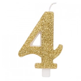 Svece tortei vai kūkai "4" ciparu formā, zelta, sprakstoša, komlektā ar svečturi, augstums 9.5 cm. 