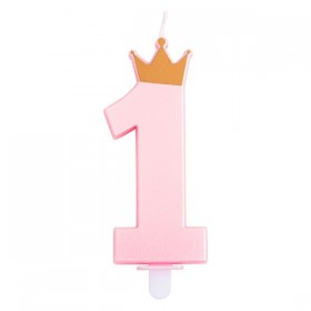 1. dzimšanas dienas tortes svece, rozā ar perlamutru, kopletā ar svečturi, augstums 9.5 cm