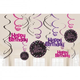 Spirāles formas piekaramie istabas dekori - HAPPY BIRTHDAY, 61cm komplektā 12gb