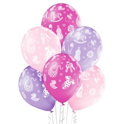 "Mazulītei" 12"/30 cm lateksa baloni  6 gab. Pastelis: 004 Gaiši Rozā, 009 Gaiši violets, 010 Koši Rozā. Druka: 1 Krāsa(s) / 5 P