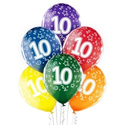 10-й День Рождения 12″/30 см шары из латекса, 6 шт. Прозрачный Кристал:  035 Зелёный, 036 Жёлтый, 037 Оранжевый, 131Ярко-красны