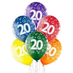 20-й День Рождения 12″/30 см шары из латекса, 6 шт. Прозрачный Кристал:  035 Зелёный, 036 Жёлтый, 037 Оранжевый, 131Ярко-красны