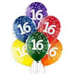 16-й День Рождения 12″/30 см шары из латекса, 6 шт. Прозрачный Кристал:  035 Зелёный, 036 Жёлтый, 037 Оранжевый, 131Ярко-красны