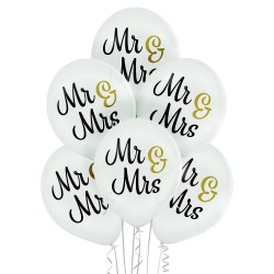 “Mr & Mrs” – 30  cm. kāzu baloni,  6 gab., pasteļā balti, apdruka 2 krāsās / 2 pusēs