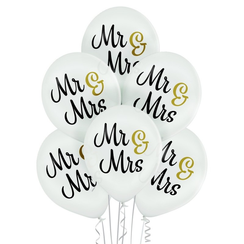 “Mr & Mrs” – 30  cm. kāzu baloni,  6 gab., pasteļā balti, apdruka 2 krāsās / 2 pusēs