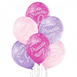 Princese – 30 cm. baloni 6 gab., pastelis: gaiši rozā, gaiši violets, tumši rozā; apdruka 1 krāsā / 5 pusēs.