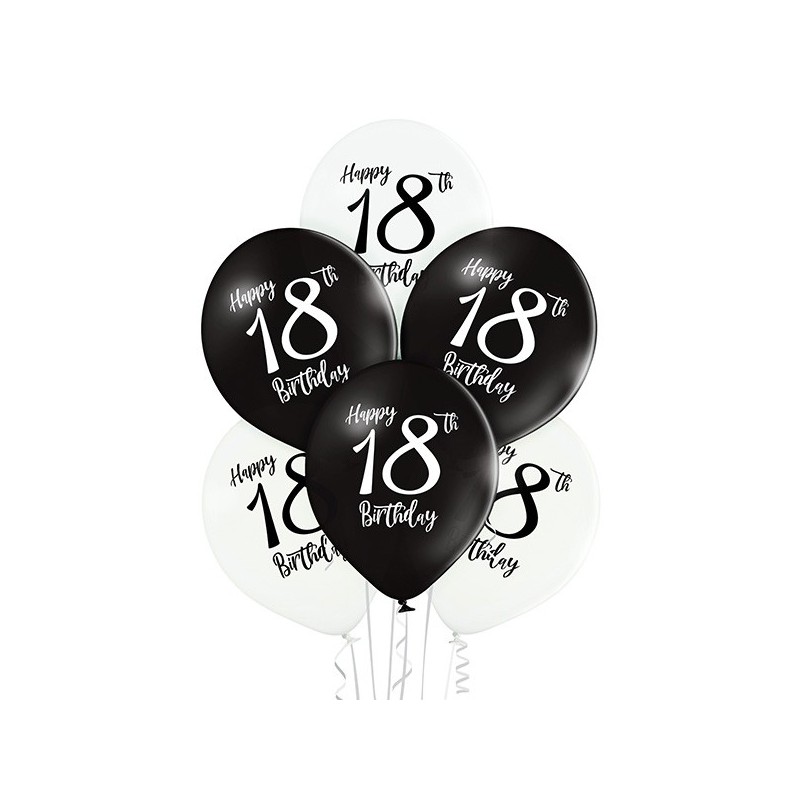 18. dzimšanas diena – 30 cm. baloni 6 gab., pastelis: melns un balts,  apdruka 1 krāsā / 2 pusēs