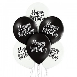 Happy Birthday – 30 cm. baloni 6 gab., pastelis: melns un balts,  apdruka 1 krāsā / 2 pusēs