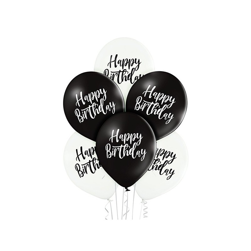 Happy Birthday – 30 cm. baloni 6 gab., pastelis: melns un balts,  apdruka 1 krāsā / 2 pusēs