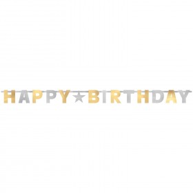 Burtu baneris Happy Birthday zelta un sudraba krāsās, 240 cm