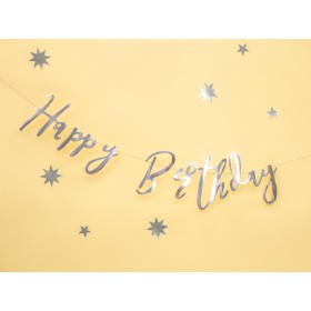 Burtu baneris “Happy Bithday”, sudrabs, 16x62 cm, laminēts papīrs  