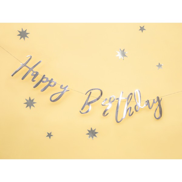 Гирлянда-буквы "Happy Bithday", серебро, 16х62 см, ламинированная бумага.  