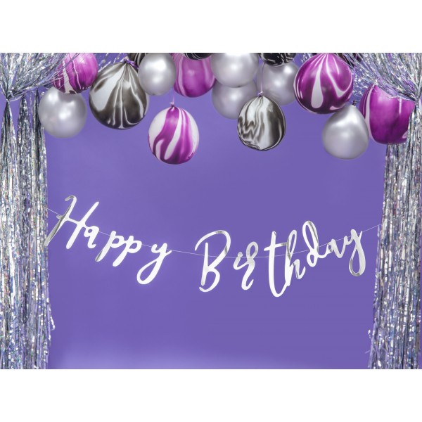 Гирлянда-буквы "Happy Bithday", серебро, 16х62 см, ламинированная бумага.  