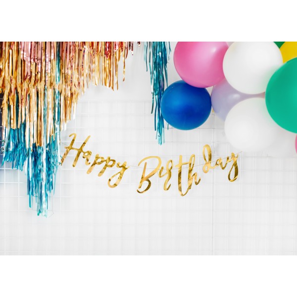 Гирлянда-буквы "Happy Bithday", золото, 16х62 см, ламинированная бумага.  