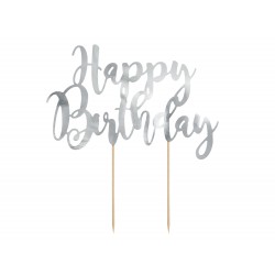 Топпер для торта "Happy Bithday", серебро, 22,5 см, ламинированная бумага.  