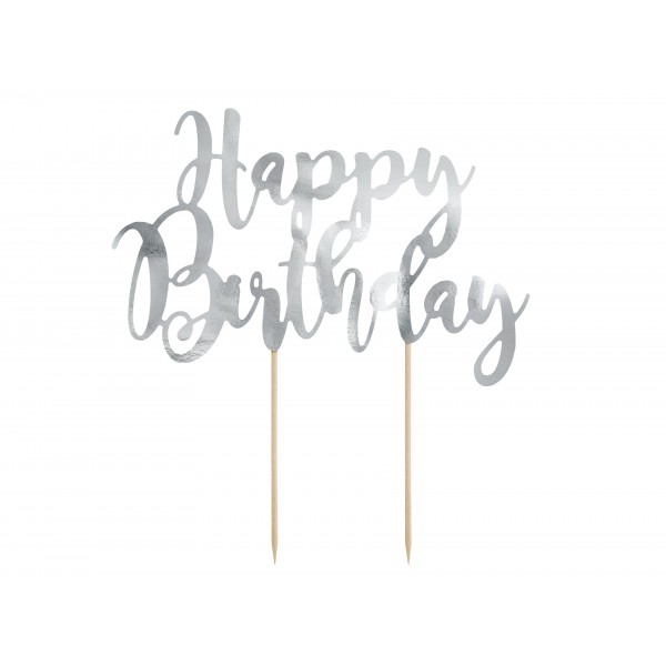 Топпер для торта "Happy Bithday", серебро, 22,5 см, ламинированная бумага.  