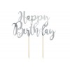 Топпер для торта "Happy Bithday", серебро, 22,5 см, ламинированная бумага.  