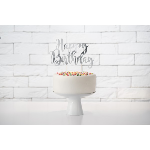 Топпер для торта "Happy Bithday", серебро, 22,5 см, ламинированная бумага.  