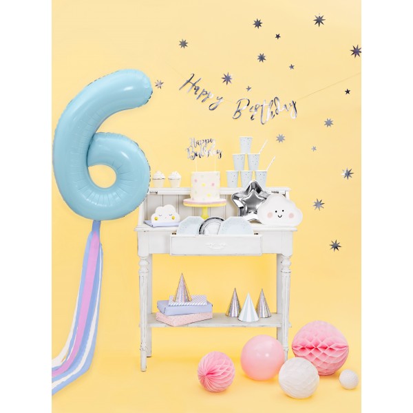 Топпер для торта "Happy Bithday", серебро, 22,5 см, ламинированная бумага.  